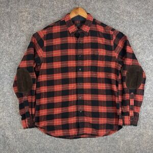 J.Crew Flannel Shirt Mens Large Red Plaid Wool Blend Elbow Patch Workwear